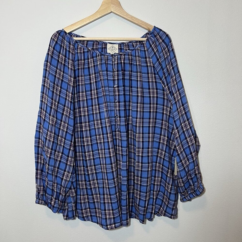 St John's Bay Women’s Shirt Plus Size 3X Blue Check Off Shoulder Blouse NWT - Picture 3 of 10